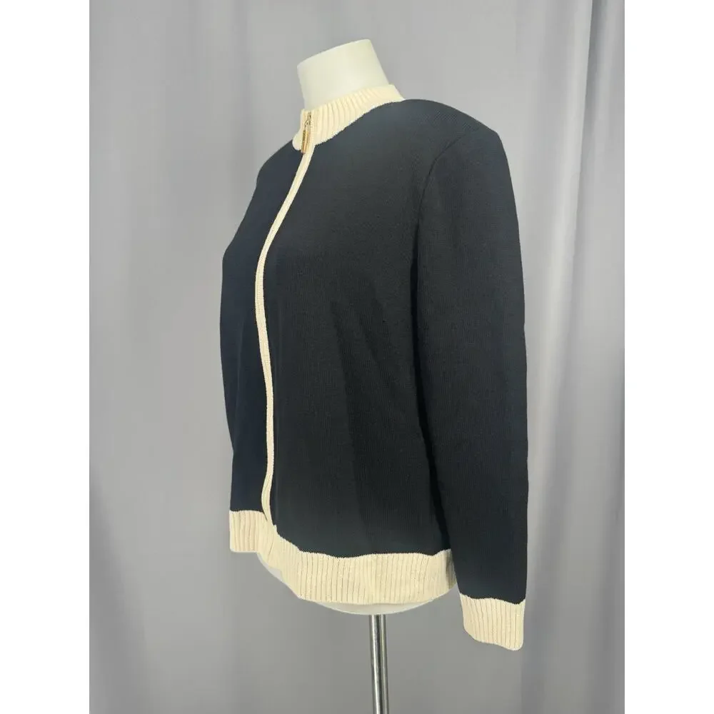 Vintage ST JOHN Cardigan Womens Medium Black Ivory Full Zip Wool Blend - Picture 4 of 12